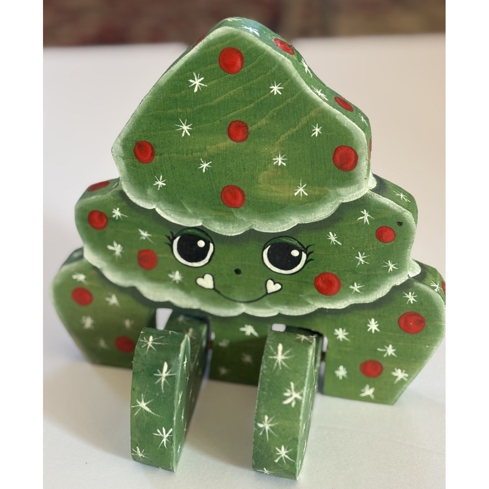 Vtg Wood Sitting Christmas Tree Decoration Signed J Lee Anthropomorphic Homemade